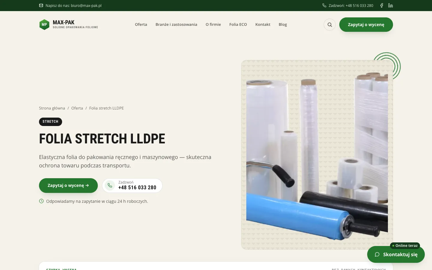 Strona produktu z zapytaniem o wycenę