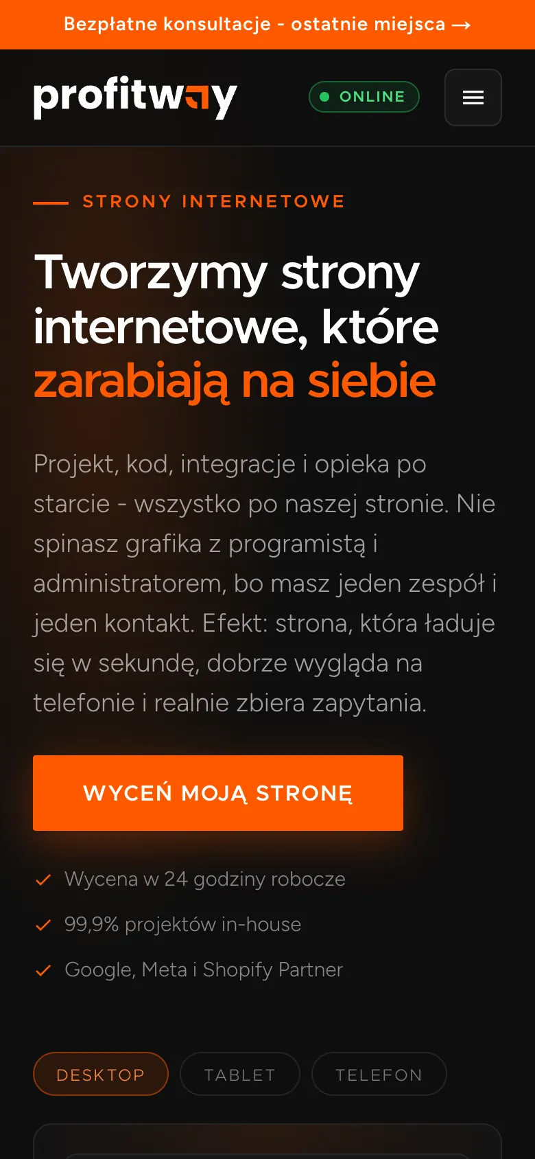 The landing page on a phone